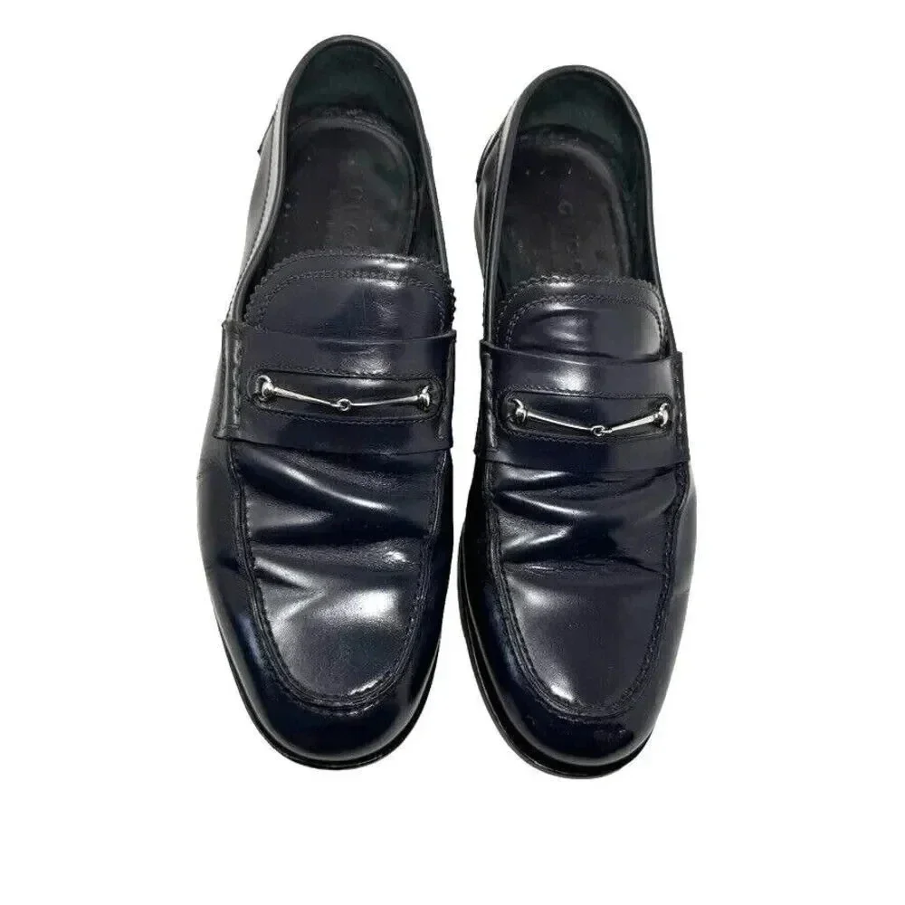 Gucci Mens black smooth leather horsebit loafers shoes size 8.5